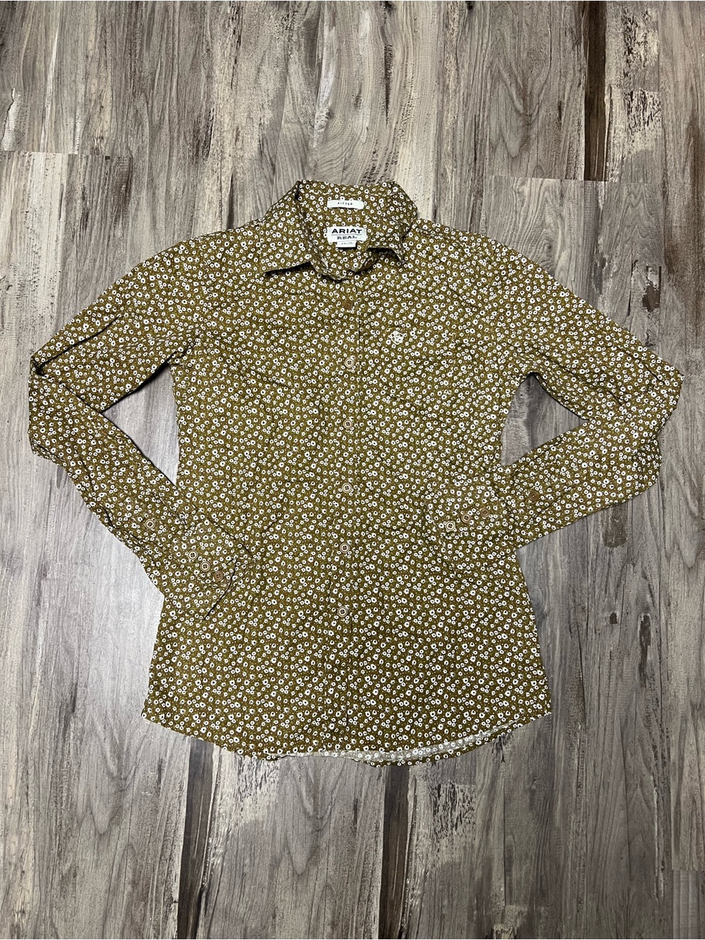 Ariat REAL Women's XS Fitted Western Shirt Mustard Yellow Mini Ditsy Floral